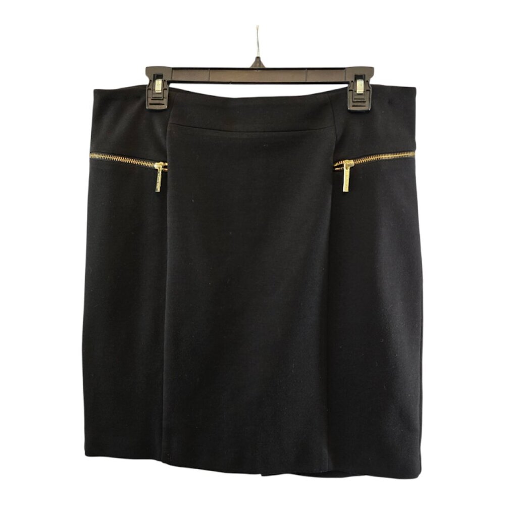 MICHAEL KORS BLACK KNIT SIZE 14 PENCIL SKIRT CLASSIC GOLD ZIPS FRONT POCKETS
